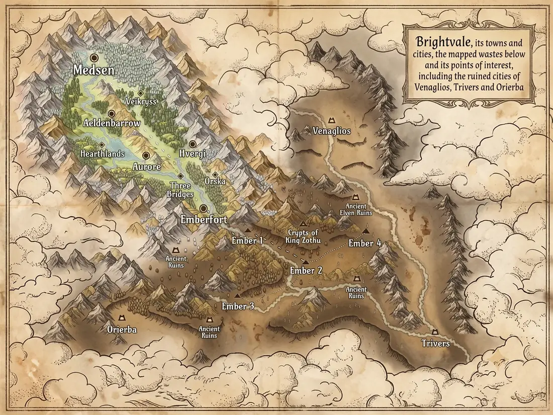 A hand-drawn map of Brightvale