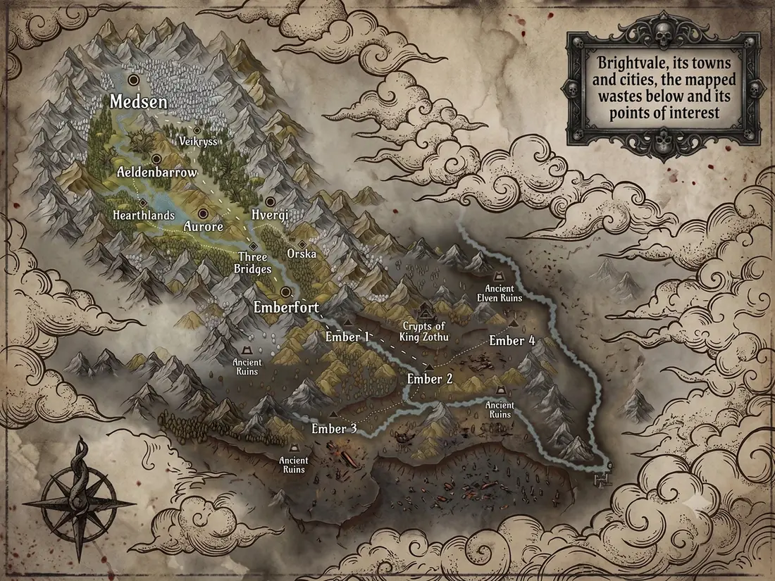 A hand-drawn map of the Brightvale towns and the wastes past the Beacon
