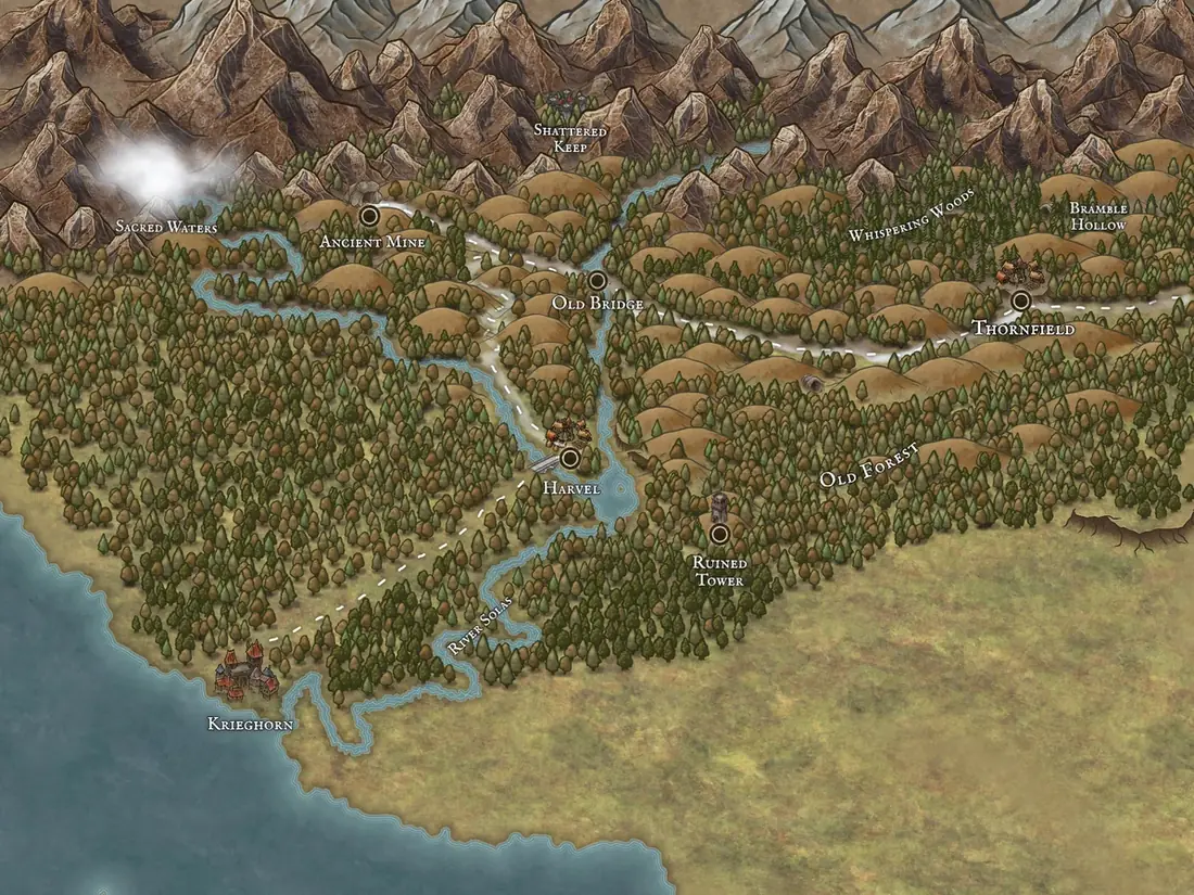 A hand-drawn map of The Shattered Crown